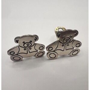 Vintage Teddy Bear‎ Clip-On Earrings Silver Tone Whimsical